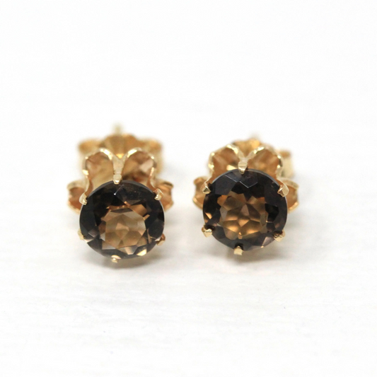 Smoky Quartz Earrings - Retro 18k Yellow Gold