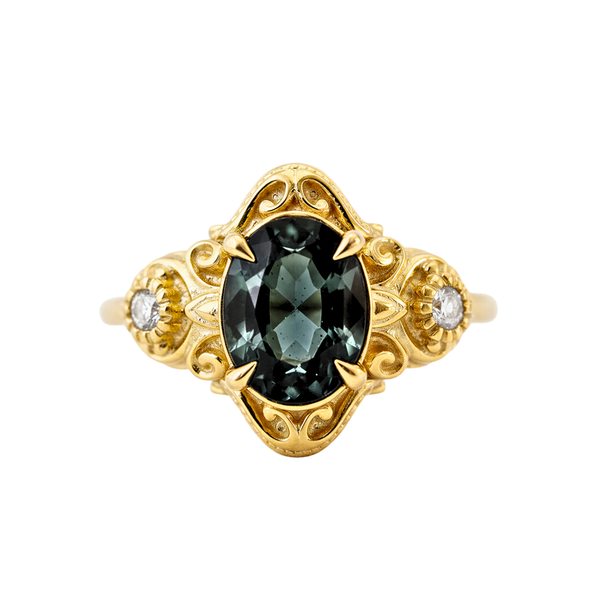 #104 Teal Sapphire Celestielle Diamond Ring