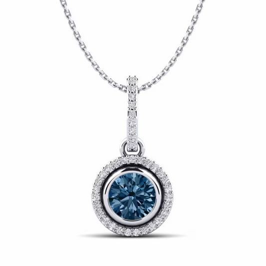 Sapphire and Diamond Halo Pendant Necklace